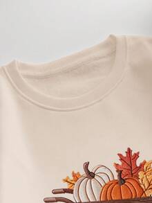 INAWLY Women's Halloween Pumpkin Embroidery Pattern Crew Neck Sweatshirt - Apricot - View 3