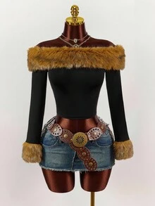 Amplova Áo thun dài tay hở vai cổ bẻ, thời trang và thanh lịch, thu/đông - Nhiều màu - Xem 4