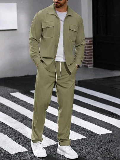 Manfinity CasualCool 男士灯芯绒工装长袖衬衫和裤子两件套，秋季服装