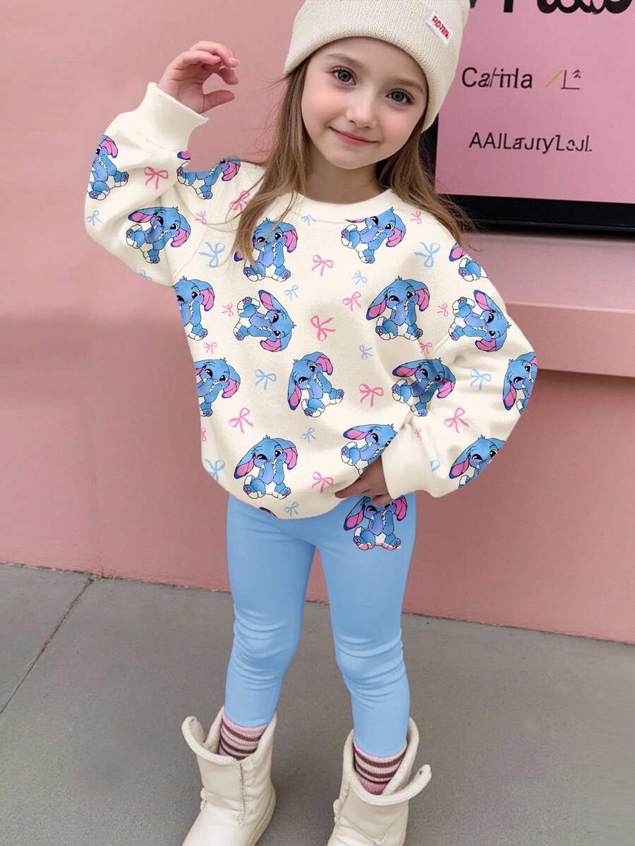 SHEIN 2pcs/Set Young Girl Cream White & Blue Cute Cartoon Rabbit Lulu, Bow, Stitch Graphic Soft Round Neck Long Sleeve Sweatshirt And Leggings, Autumn/Winter Outfit Fall - Multicolor - View 1