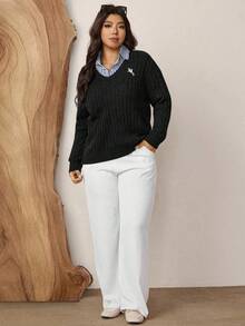 Zelara Plus Size Casual Versatile Embroidered Detail Sweater, Autumn/Winter - Black - View 5
