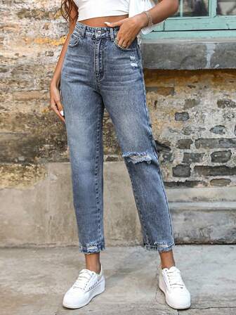 Mom Jeans mit hoher Taille, Riss, ausgefranstem Saum