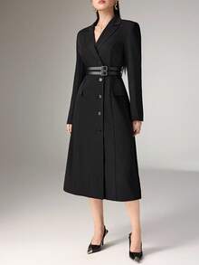 Heiryn 翻领韩式束腰双腰带长袖优雅礼服 - 咖啡棕 - 查看 5