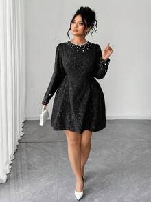 Elenzga Women's Pearl Embellished Metallic Long Sleeve Elegant Dress - Black - View 7