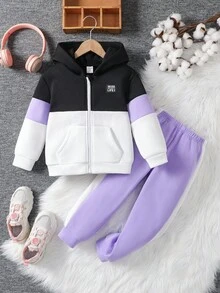 Set da 3 pezzi per ragazze, composto da giacca con cappuccio, cerniera e fodera termica, e pantaloni della tuta, colori grigio, rosa e nero, casual e versatile - Multicolore - Visualizzare 3