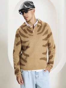 STEELVANCE 男士休闲拼色翻领长袖毛衣，秋冬 - 棕色 - 查看 1