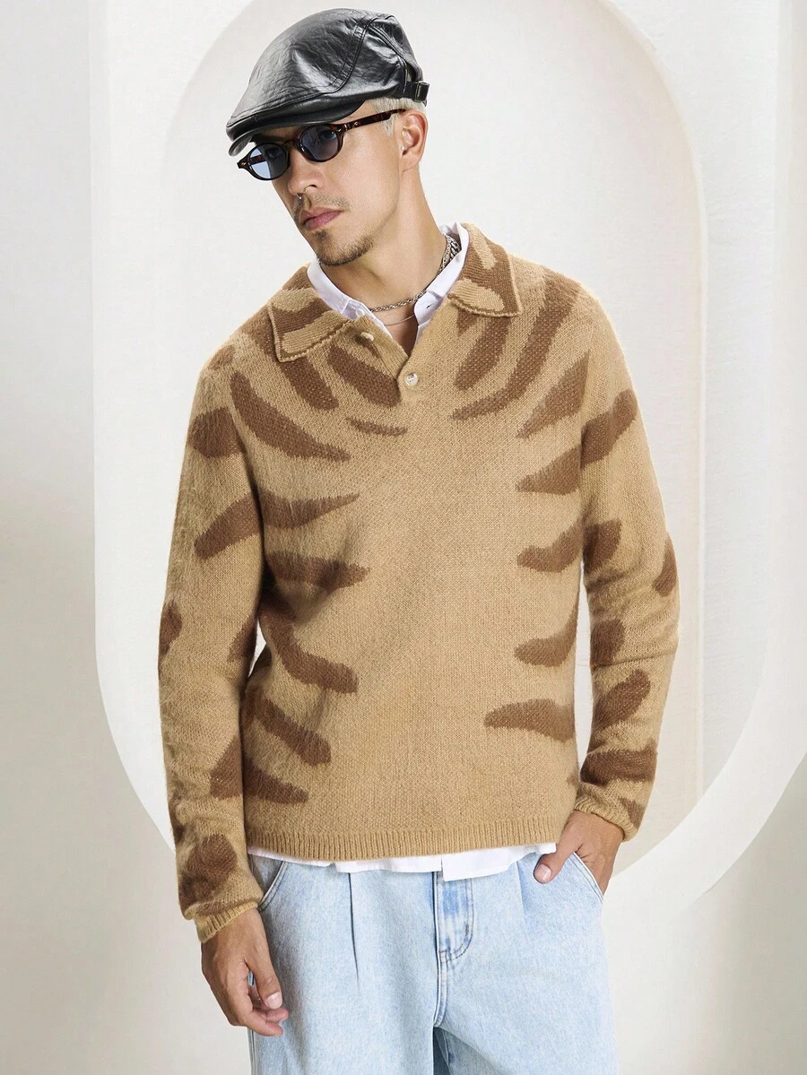 STEELVANCE 男士休闲拼色翻领长袖毛衣，秋冬 - 棕色 - 查看 1