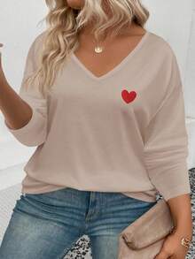 EMERY ROSE Women's Heart Print V-Neck Long Sleeve Plus Size T-Shirt, Popular For Autumn/Winter - Multicolor - View 5