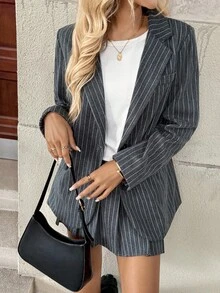 INAWLY Nuevo conjunto de traje de mujer de estilo académico elegante con mangas largas, de rayas, con pliegues y de corte holgado - Gris - Ver 5