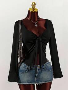 Amplova Top casual cu mânecă lungă pentru femei, culoare solidă, guler cu strasuri - Negru - Vizualizare 4