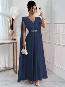 Elenzga 新款褶皱腰带装饰纽扣后腰带设计轻盈连衣裙，优雅大方，适合婚礼、节日、休闲场合 - 寶藍色 - 查看 1