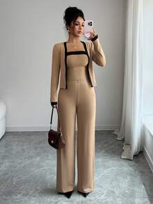 Elenzga 女士休闲通勤时尚舒适优雅撞色开衫、吊带背心和直筒裤三件套，春秋 - 彩色 - 查看 3