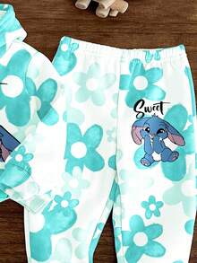 SHEIN 2 件套卡哇伊卡通蓝色兔子露露，针脚图案，渐变花卉印花宽松休闲套头连帽衫套装，适合年轻女孩，返校季，2000 年代风格，韩版，秋冬，垃圾摇滚，条纹，舒适轻松，时尚童装，可爱连帽衫，女童冬装，嬉皮士，音乐节，BM，复古甜美 - 彩色 - 查看 8