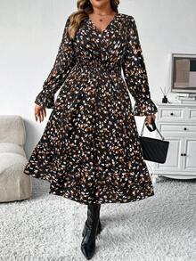 SHEIN Clasi Váy dài thắt eo họa tiết hoa nhỏ cổ chữ V thời trang thu đông dành cho nữ cỡ lớn, trang phục maxi ôm sát tôn dáng - Nhiều màu - Xem 6