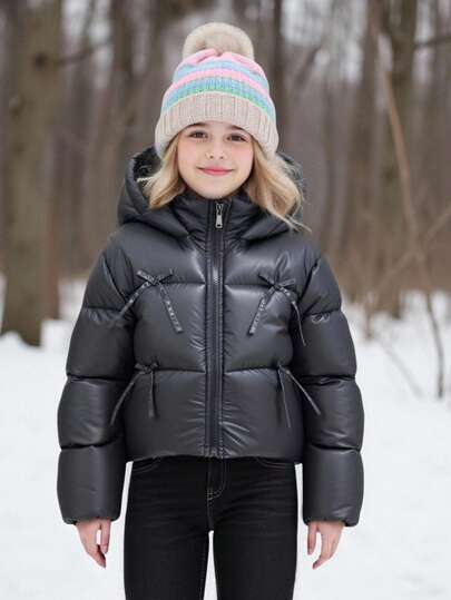 SHEIN 1 pezzo Cappotto imbottito con cappuccio e chiusura lampo, decorato con fiocco, dolce e carino, adatto per l'autunno/inverno