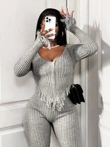 BamGleam 2件套女士秋冬拉链流苏高腰性感针织毛衣套装 - 黑色 - 查看 5