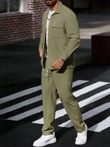 Manfinity CasualCool 男士灯芯绒工装长袖衬衫和裤子两件套，秋季服装 - 軍綠色 - 查看 4