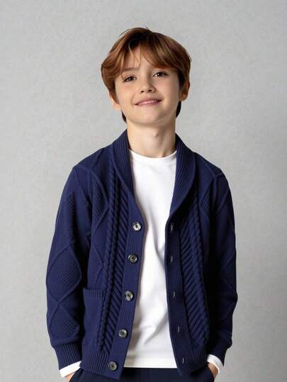 SHEIN Tween Boys' Casual Collegiate Cardigan Sweater Boys Boy Kids Boys Kids Boy Teen Boys In Fall/Winter