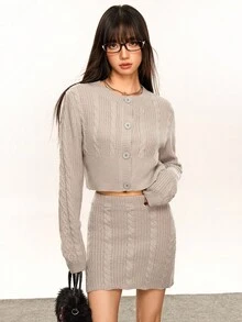 INAWLY Ensemble pull torsadé en tricot de câble et mini-jupe - Gris - Voir 6