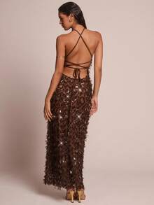 Glamine Damska sukienka w kolorze kawy z haftowanymi frędzlami i odkrytymi plecami, Sukienka damska w kolorze kawy, Elegancka sukienka na imprezę, Modna sukienka na wakacje z koralikami - Kawa - Zobacz 2