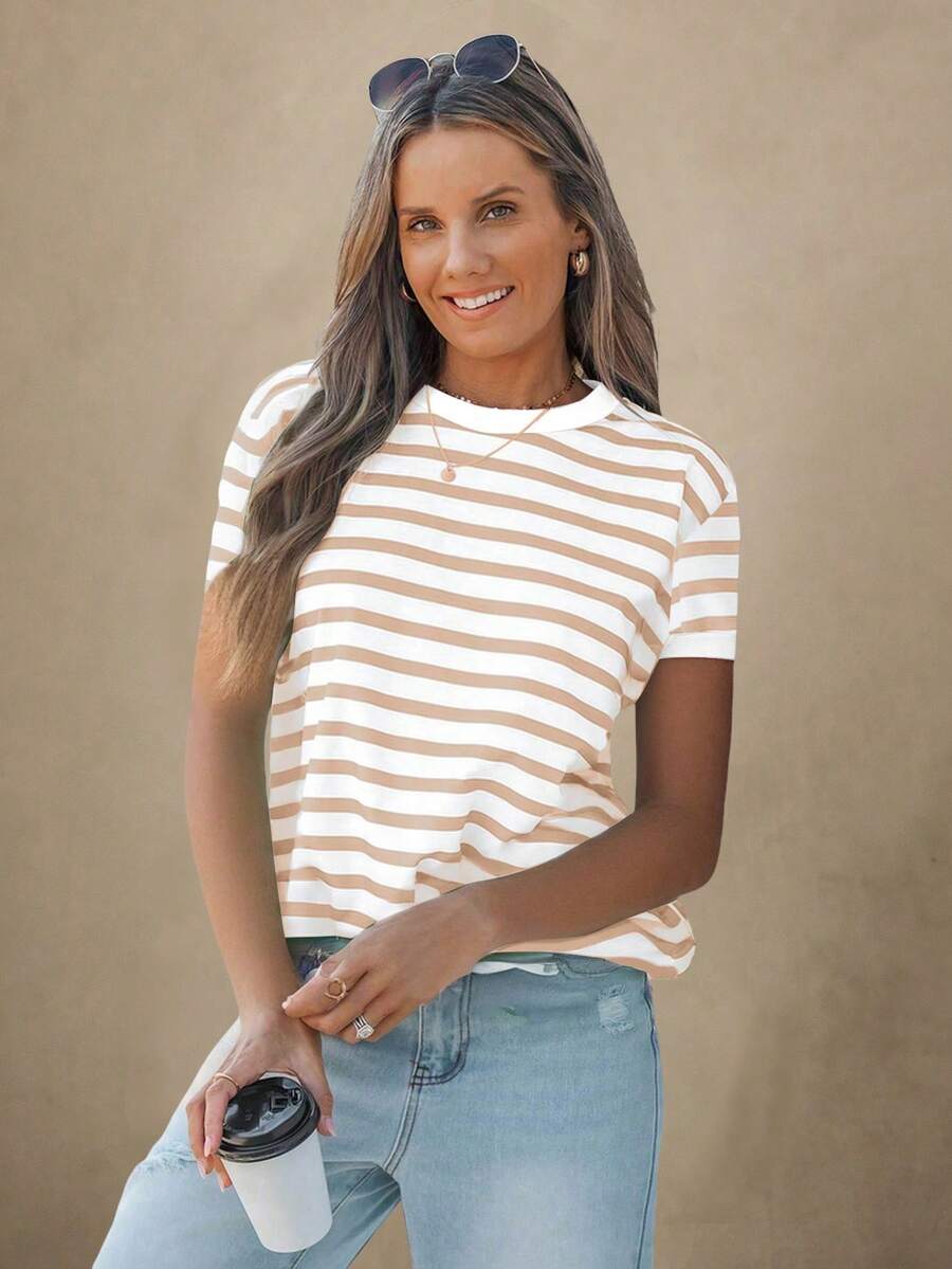 Wildy 休闲条纹圆领短袖宽松女式衬衫，适合夏季