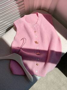 CovetEZ 女士休闲金属扣纯色针织背心 - 粉色 - 查看 7