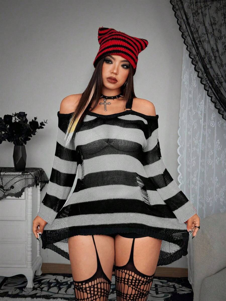 Whyspr Loose Comfortable Hollow Ripped Ring Strap Sweater For Women, Thin Striped Cropped Off-Shoulder Mid-Length - Multicolor - View 1