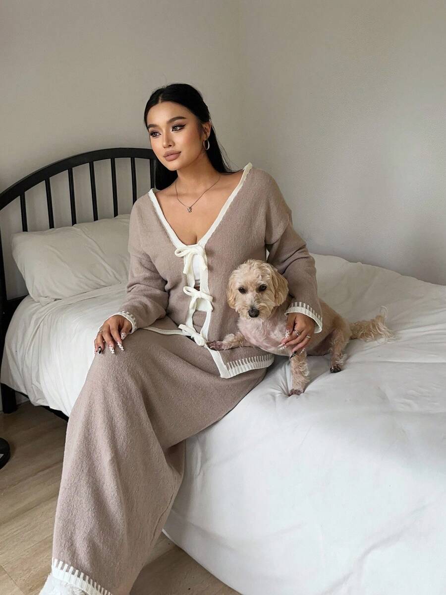 Flirla 秋冬新款简约蝴蝶结开衫毛衣连衣裙套装