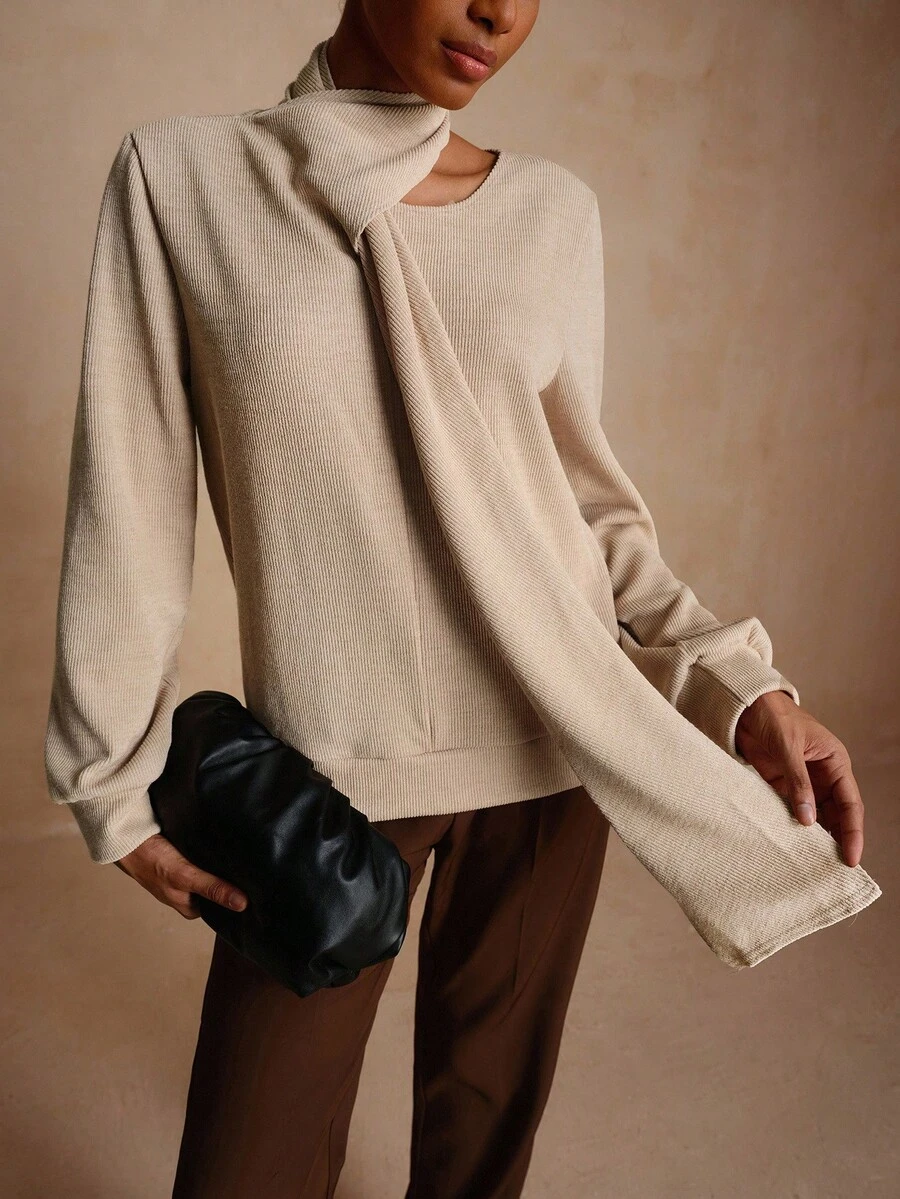 Lyxana Women's Casual Ribbed Cowl Neck Solid Color Minimalist Long Sleeve Sweatshirt - Brown - View 1