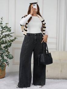 SHEIN CURVE+ 大码女式宽松口袋喇叭腿休闲百搭牛仔裤