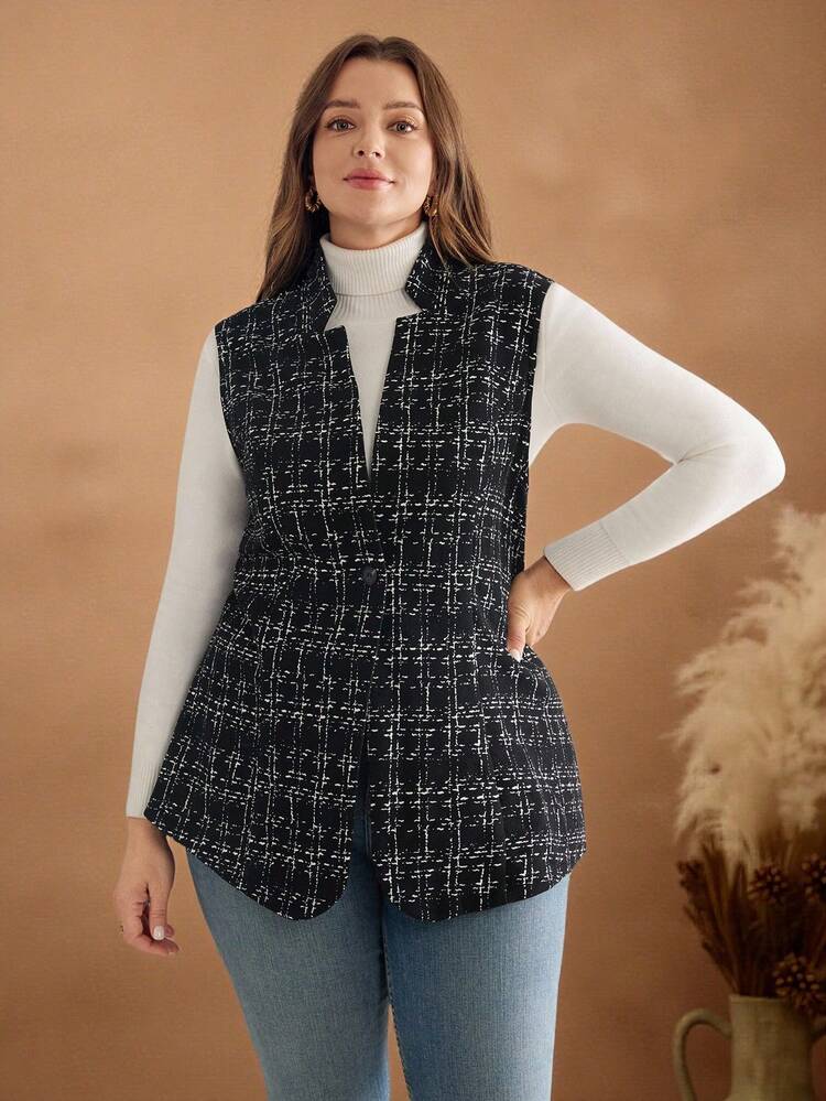 Plus Size Plaid Sleeveless Woolen Coat, Fall Women's Clothes, Fall Clothes, Business Casual Ladies, Autumn/Winter