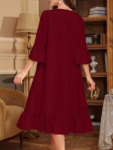 3D刺绣二合一V领荷叶袖女士睡裙娃娃衫假日季、宽松长袍、秋季、冬季 - 酒紅色 - 查看 2