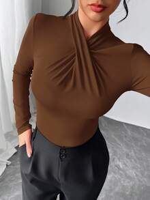 Firerie 优雅现代性感时尚休闲家居服百搭红色荷叶边领紧身衣，长袖紧身衣 - 咖啡棕 - 查看 7