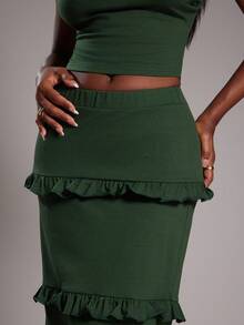 NYA SZN Conjunto de mujer (Top y Falda) Top básico corto ajustado de unicolor, Falda ajustada de cintura alta con volantes, Adecuado para salir, otoño e invierno, Apto para atuendos de oficina - Camel - Ver 5