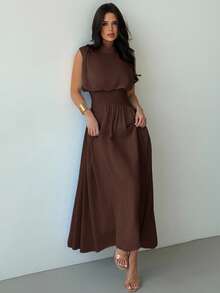 Firerie 女士优雅通勤高领收腰 A 字连衣裙，女士夏装，春夏服装，沙滩装，通勤，优雅，性感，度假，海滩，波西米亚，夏威夷，音乐节，浪漫，约会，婚礼季，毕业礼服，舞会，演出服，音乐会，工作服 - 咖啡棕 - 查看 8