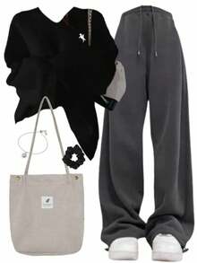 INAWLY 女士休闲百搭宽松V领运动衫 - 黑色 - 查看 2