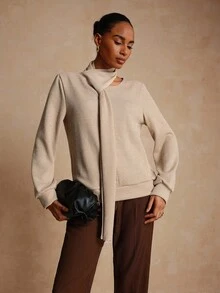 Lyxana Women's Casual Ribbed Cowl Neck Solid Color Minimalist Long Sleeve Sweatshirt - Brown - View 4