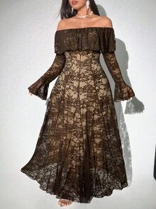Viva Relle Plus Size Lace Fitted Off Shoulder Ruffle Hem Dress - Coffee Brown - View 2