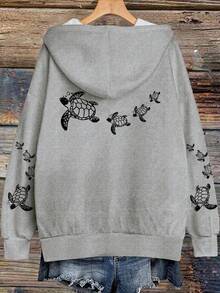 SHEIN EZwear Casual Minimalist Turtle Print Sweatshirt, Suitable For Fall/Winter - Multicolor - View 2