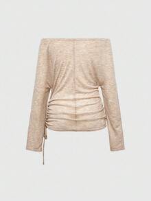 ROMWE EDITION Cross & Letter Print Off Shoulder Long Sleeve T-Shirt For Women, Romantic Punk Style - Khaki - View 2