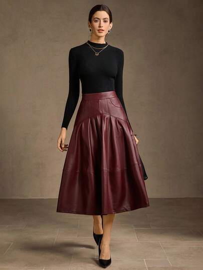 MOTF PREMIUM WOMEN'S ENCORE RED PU LEATHER PLEATED A-LINE SKIRT