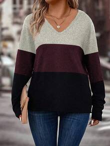 EMERY ROSE New Plus Size Women's Fashion Printed Colorblock V-Neck Long Sleeve T-Shirt - Multicolor - View 4