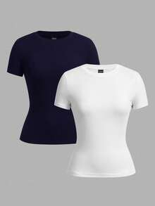 SHEIN EZwear 2 件海军蓝和白色休闲简约基本款圆领短袖 T 恤，适合春夏季 - 彩色 - 查看 1