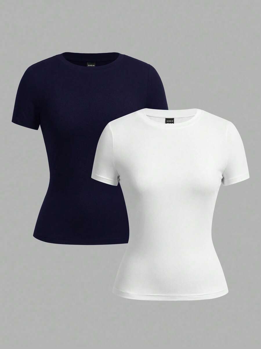 SHEIN EZwear 2 件海军蓝和白色休闲简约基本款圆领短袖 T 恤,适合春夏季 - 彩色 - 查看 1