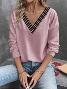 EMERY ROSE 女式 V 领多层条纹印花休闲百搭长袖 T 恤，秋冬 - 粉色 - 查看 3