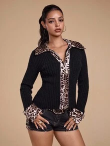 ROMWE Grunge Punk Y2K Vintage Sexy Leopard Print Patchwork Collared Knit Cardigan For Women - Black - View 5