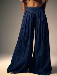 Denimoi Quần jeans denim ống rộng cạp cao xếp ly - Rửa tối - Xem 4