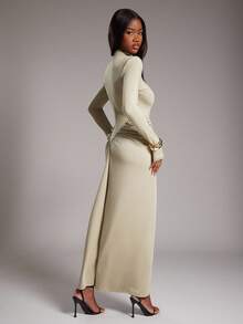 NYA SZN Women's Sage Green Elegant Long Sleeve Mock Neck Fitted Bodycon Flowy Cinch Ruche Detail Maxi Dress For Wedding Guest,Autumn Event,Dining & Night Out - Green - View 7