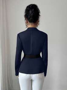 GlowEve 女士翻领长袖系带优雅办公室西装外套 - 寶藍色 - 查看 2