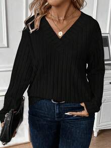 EMERY ROSE 时尚休闲简约 12*4 羊毛罗纹 V 领加大码卫衣，秋冬 - 黑色 - 查看 3